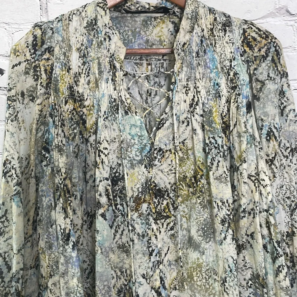 IRO Blue Green Smocked Lace-Up Long Sleeve Top Size 4 Excellent Condition